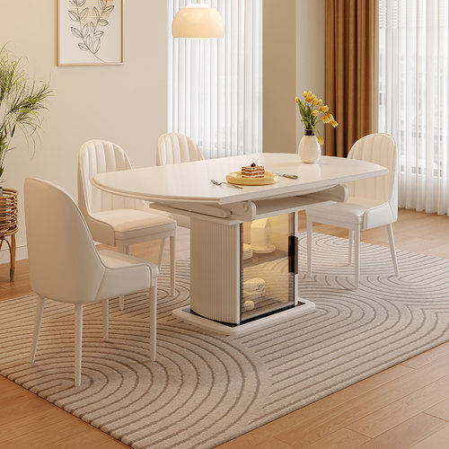 岩板餐桌椅2024新款奶油风现代可伸缩圆饭桌