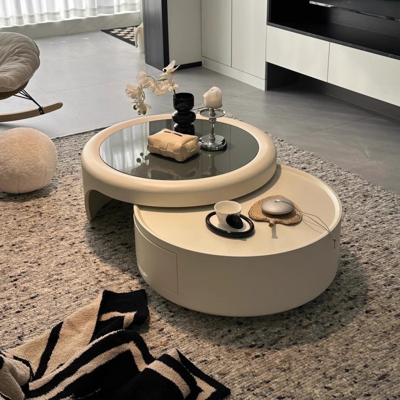 馨佰利钢化玻璃圆形茶几奶油风格