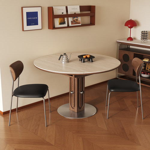 馨佰利岩板实木中古风可伸缩餐桌