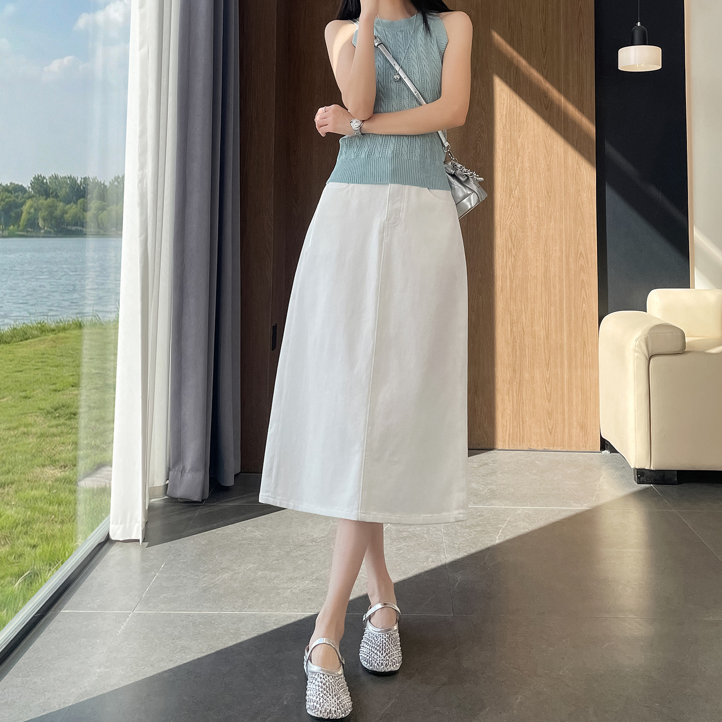 白色A字牛仔半身裙女2026夏季新款高腰遮肉显瘦四面弹开叉中长裙