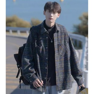 249 Y29 毛呢潮牌格子衬衫 情侣百搭休闲外套A079 P51 男长袖