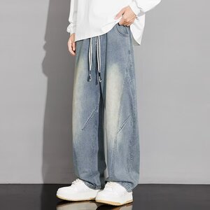 [008]牛仔裤男款水洗做旧抽绳宽松直筒裤 A079-NZ60-P45图片