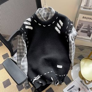 【网59】破坏感毛边马甲毛衣百搭无袖针织衫A079-765-P39,色背带毛线裙搭配图片