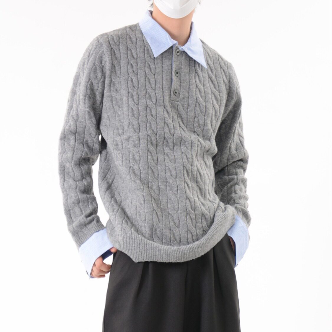 【网5】25外套绞花假两件拼接条纹polo领毛衣男A079-MY407-P57,男装针织衫/毛衣,电商A079