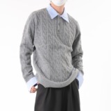 【网5】25外套绞花假两件拼接条纹polo领毛衣男A079-MY407-P57，男装针织衫/毛衣，电商A079