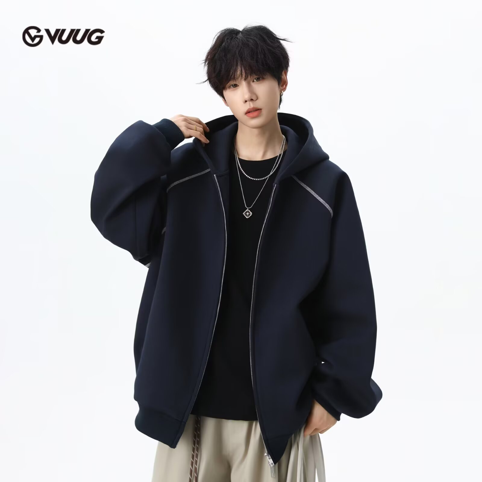 【197】开衫连帽卫衣男秋高街百搭宽松拼接帽衫A079-W501-P47，男装卫衣，电商A079