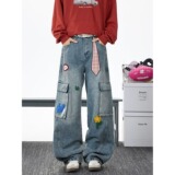 【119】可爱印花工装牛仔裤直筒拖地裤A079-9018-P57，男装牛仔裤，电商A079