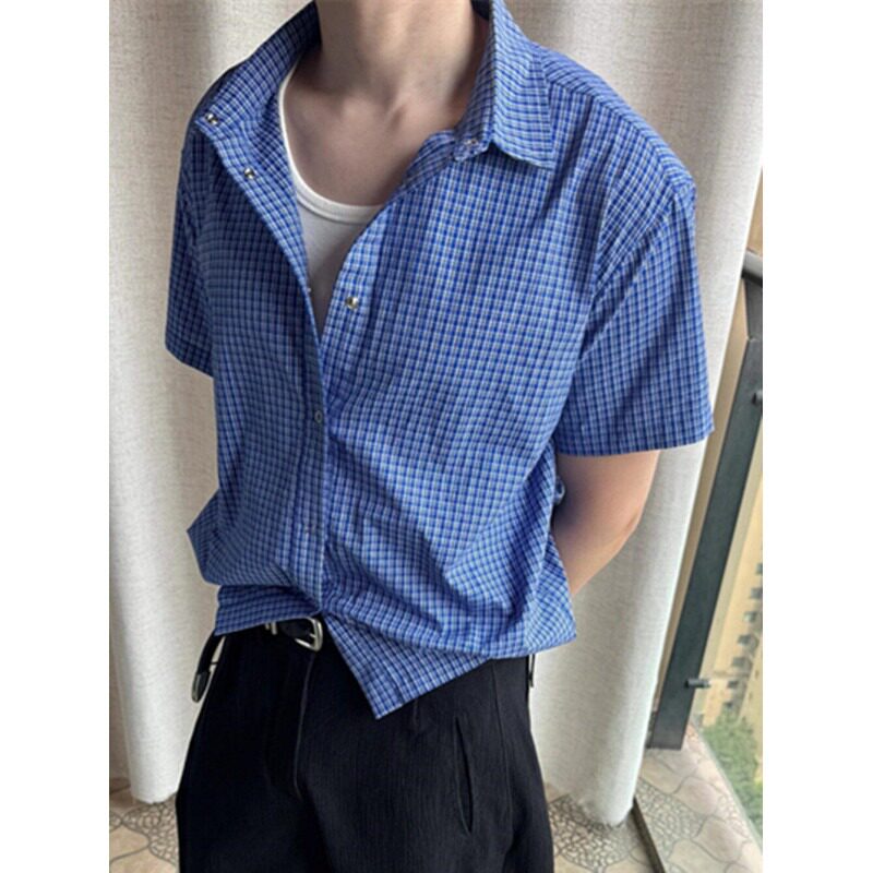 [006]蓝色格纹衬衫男下摆抽绳短宽翻领衬衣A079-C405-P35,男装衬衫,电商A079