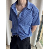 [006]蓝色格纹衬衫男下摆抽绳短宽翻领衬衣A079-C405-P35，男装衬衫，电商A079