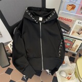 【网5】25钉珍珠短款连帽外套女复古修身黑色夹克A079-Y206-P56，男装夹克，电商A079