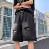【008]做旧水洗破洞牛仔短裤男宽松直筒休闲五分裤A079-3338-P32，男装牛仔裤，电商A079