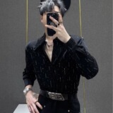 [006]男潮流休闲百搭烫钻宽松衬衫男纯色长袖衬衣A079-CS226-P42，男装衬衫，电商A079