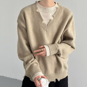 【125】假两件日系复古简约V领毛衣针织衫A079-MY7701-P59图片