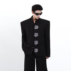 [001]立领黑色西装外套男烫钻花朵重工垫肩西服A079-XZ034-P65图片