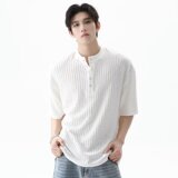[003]亨利领短袖T恤男女秋肌理感条纹上衣A079-S230-P35，男装T恤，电商A079