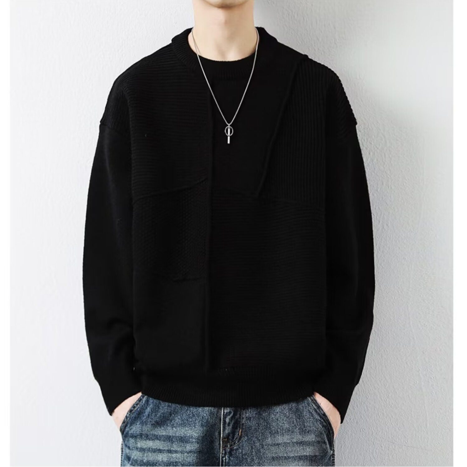 【201】秋冬季男士多工艺拼接纯色毛衣圆领A079-3487-P59，男装针织衫/毛衣，电商A079