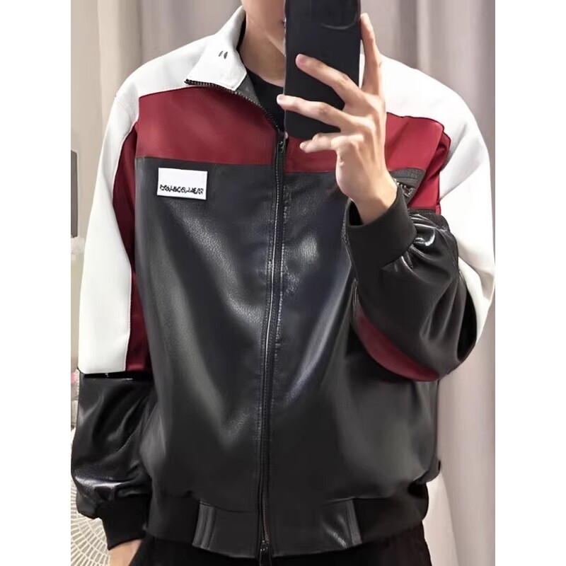【网7】美式pu皮衣飞行员夹克男款情侣拼接撞色A079-JK8574-P67图片