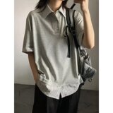 [003]假两件条纹polo领短袖t恤女宽松休闲百搭上衣A079-D902-P37，男装T恤，电商A079