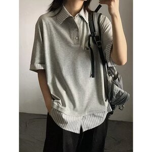 [003]假两件条纹polo领短袖t恤女宽松休闲百搭上衣A079-D902-P37图片