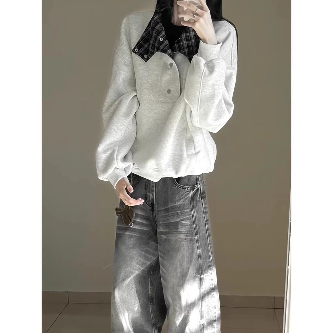 纽扣拼接格纹立领翻领卫衣男女宽松长袖上衣A079-W212-P53,男装卫衣,电商A079