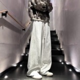 白灰色运动休闲裤男秋美直筒长裤潮牌拼接阔腿裤子A079-W28-P31，男装休闲裤，电商A079