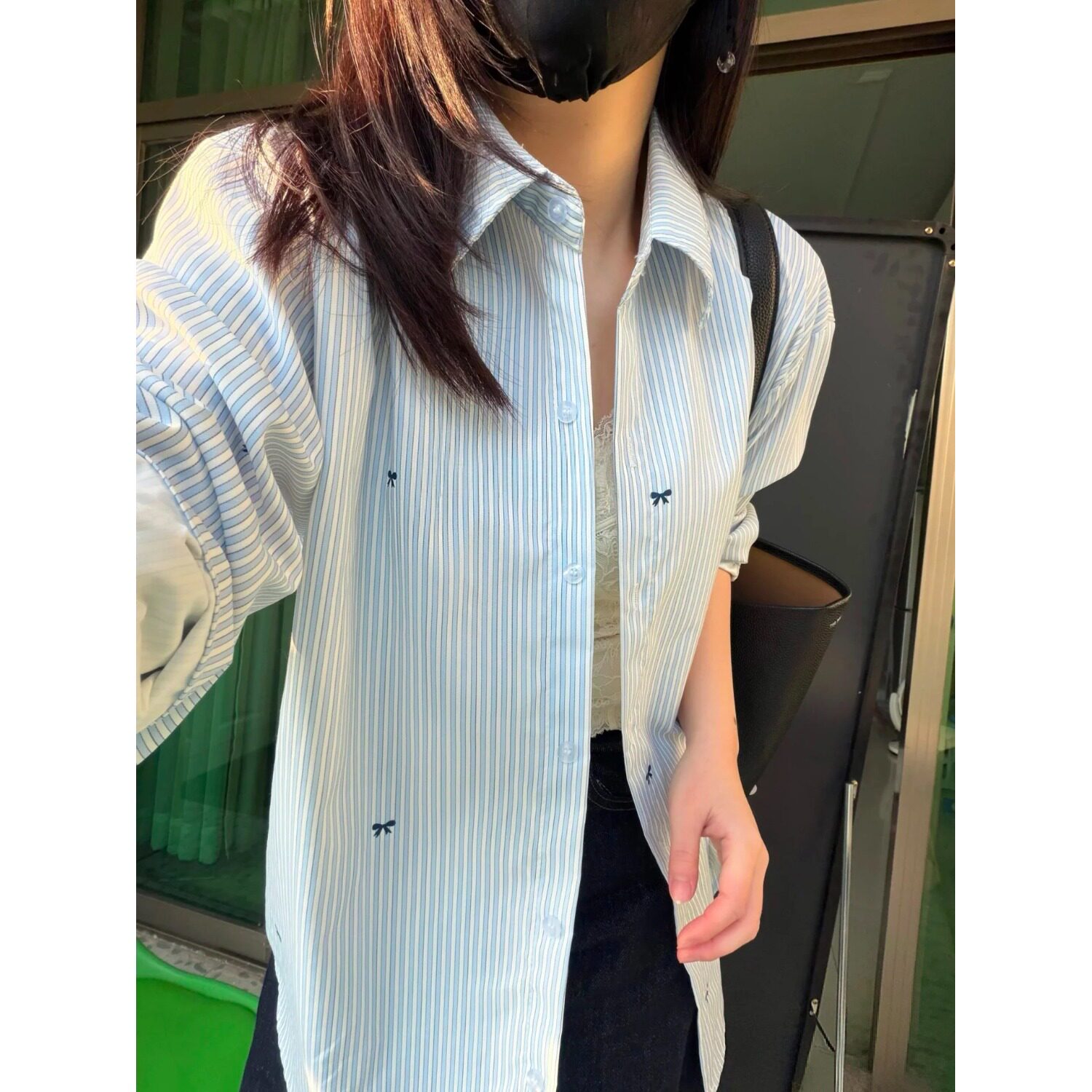 [006]]蓝白条纹蝴蝶结刺绣长袖衬衫中长款防晒衬衣A079-C2519-P34,男装防晒衣,电商A079