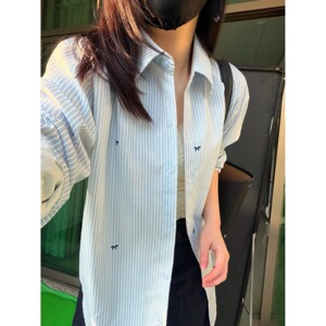 [006]]蓝白条纹蝴蝶结刺绣长袖衬衫中长款防晒衬衣A079-C2519-P34图片