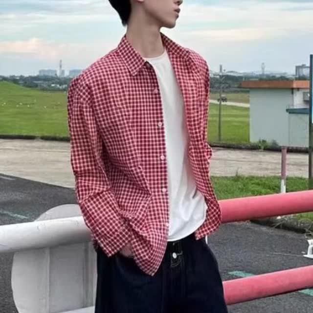 美式复古翻领格子衬衫男女长袖宽松拼接设计感衬衣2026春夏季外套,男装衬衫,电商A079