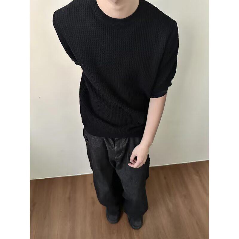 [005]纯色短袖毛衣男修身圆领弹力紧身薄款针织衫男A079-M98-P36,男装T恤,电商A079