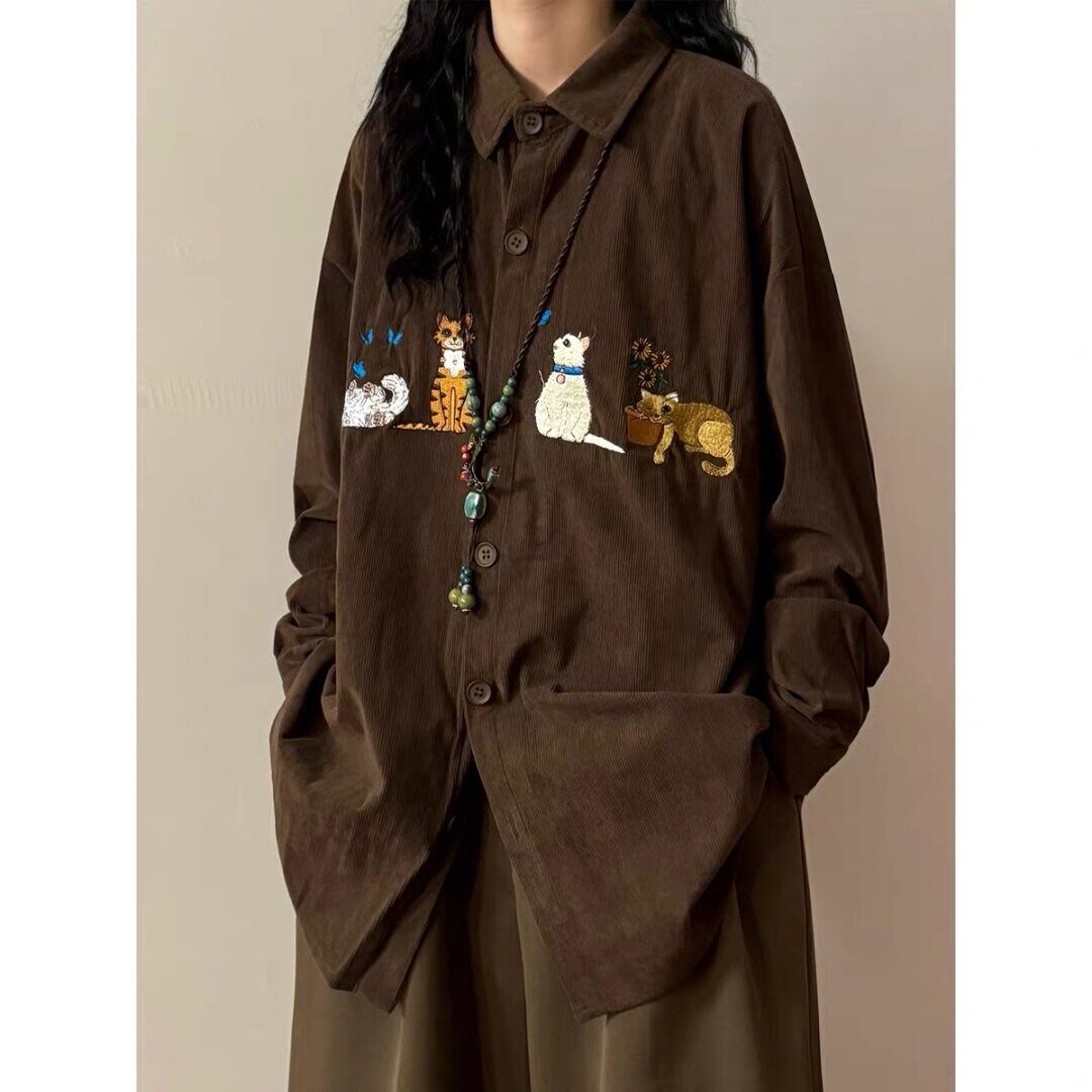 【132】猫咪刺绣长袖衬衫男宽松休闲衬衣外套A079-CS381-P38，男装衬衫，电商A079