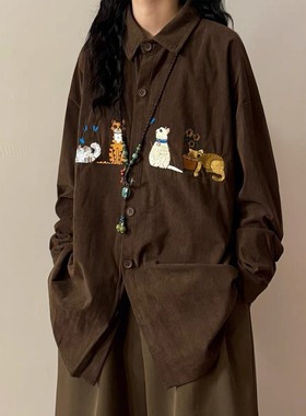 【132】猫咪刺绣长袖衬衫男宽松休闲衬衣外套A079-CS381-P38