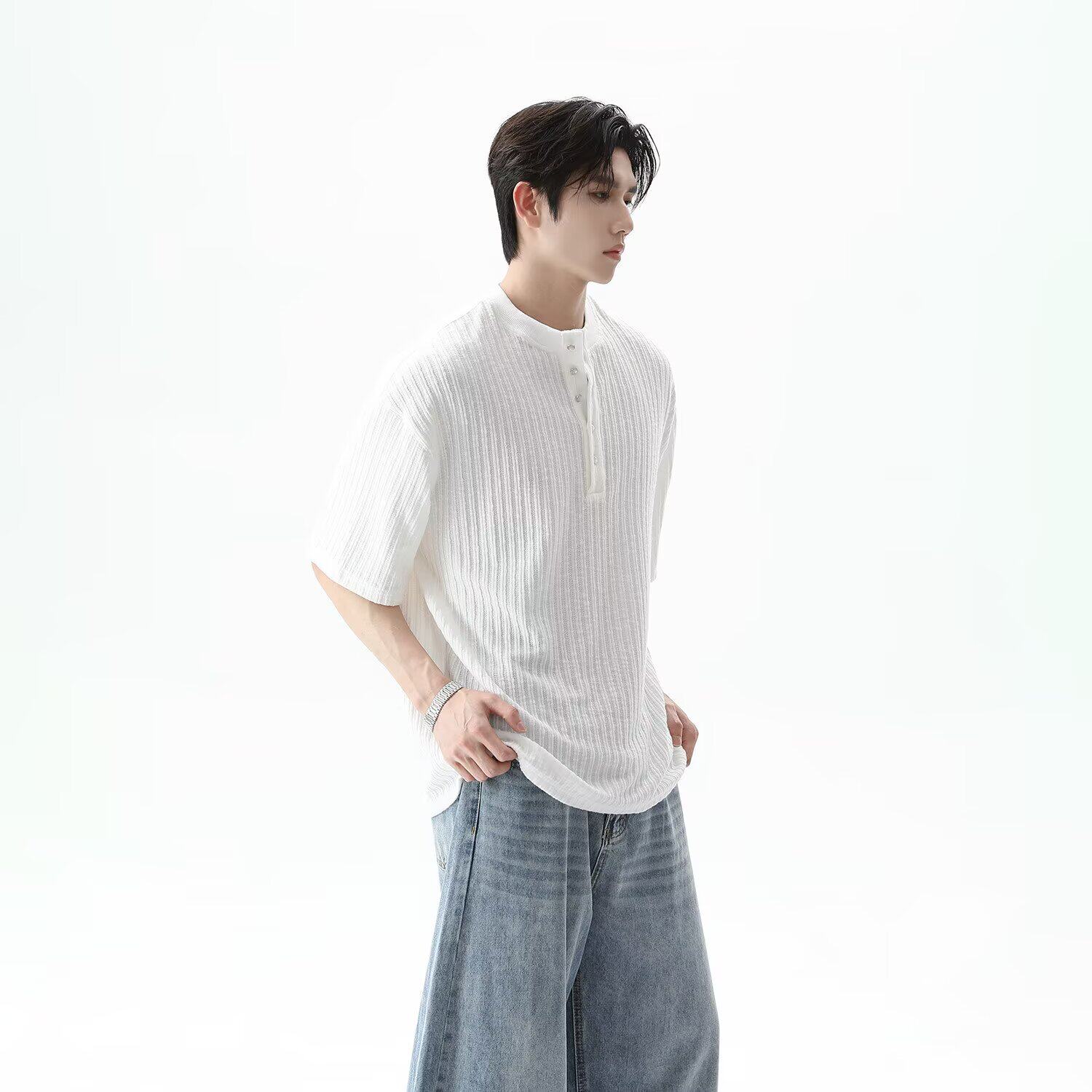 [003]亨利领短袖T恤男女秋肌理感条纹上衣A079-S230-P35,男装T恤,电商A079