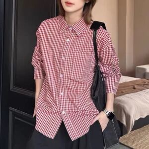 [006]翻领格子衬衫男女长袖宽松拼接衬衣外套A079-CS387-P31,小个子女生穿搭秋装轻熟风大翻领图片