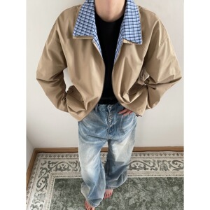 【网77】拼接翻领格纹假两件哈灵顿夹克外套男女A079-TK56-P51图片