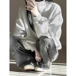 纽扣拼接格纹立领翻领卫衣男女宽松长袖上衣 A079-W212-P53图片