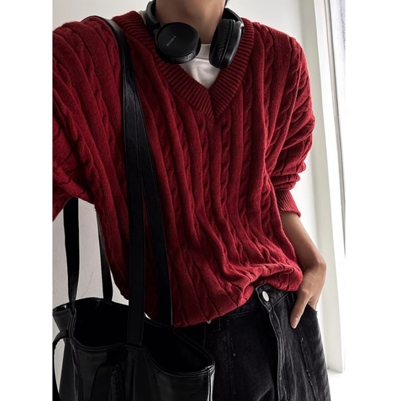 【126】羊毛复古麻花毛衣男宽松酒红色针织上衣A079-MY018-P51
