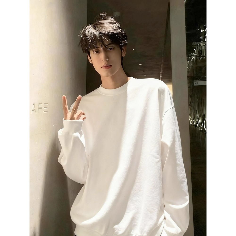 【001】男士长袖T恤重磅纯色纯棉宽松打底衫A079-10036-P28，男装T恤，电商A079