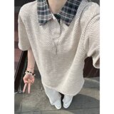 [003]格纹撞色衬衫领短袖T恤男情侣宽松百搭新款A079-D913-P38，男装T恤，电商A079