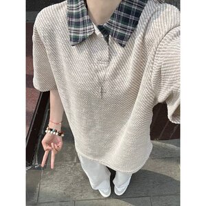 [003]格纹撞色衬衫领短袖T恤男情侣宽松百搭新款A079-D913-P38图片