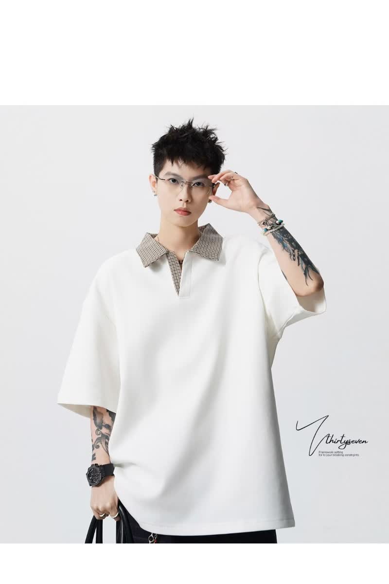 [012]假两件高质格纹翻领POLO衫男宽松上衣潮流A079-S243-P30,男装Polo衫,电商A079