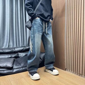 [008]拼接弯刀牛仔裤男ins潮牌宽松阔腿裤高街长裤A079-B833-P51图片