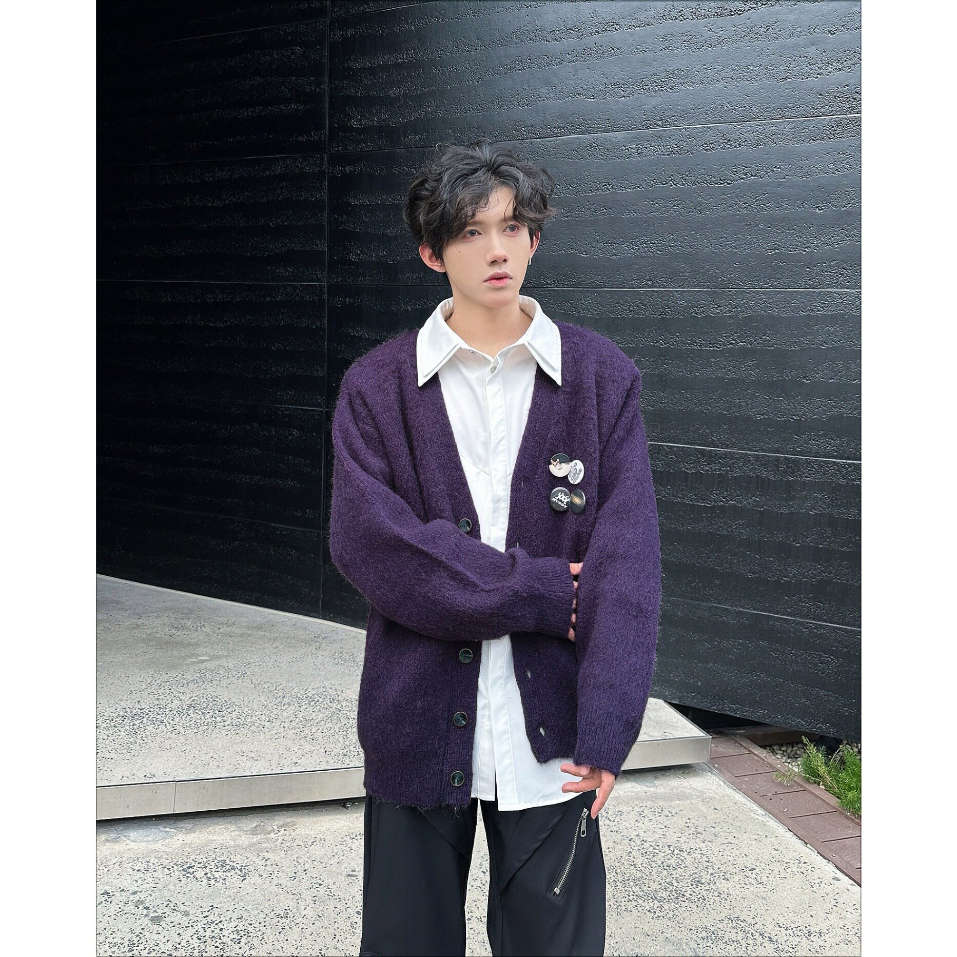 紫色百搭V领针织开衫男女秋冬新款宽松毛衣外套A079-9802-P58,男装针织衫/毛衣,电商A079