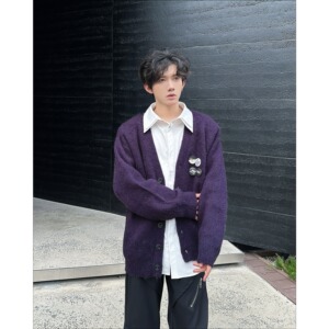 紫色百搭V领针织开衫男女秋冬新款宽松毛衣外套A079-9802-P58图片