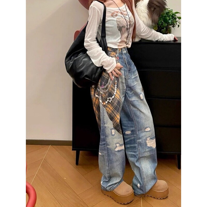 【079】印花破洞牛仔裤男女宽松A079-N50-P55,男装牛仔裤,电商A079