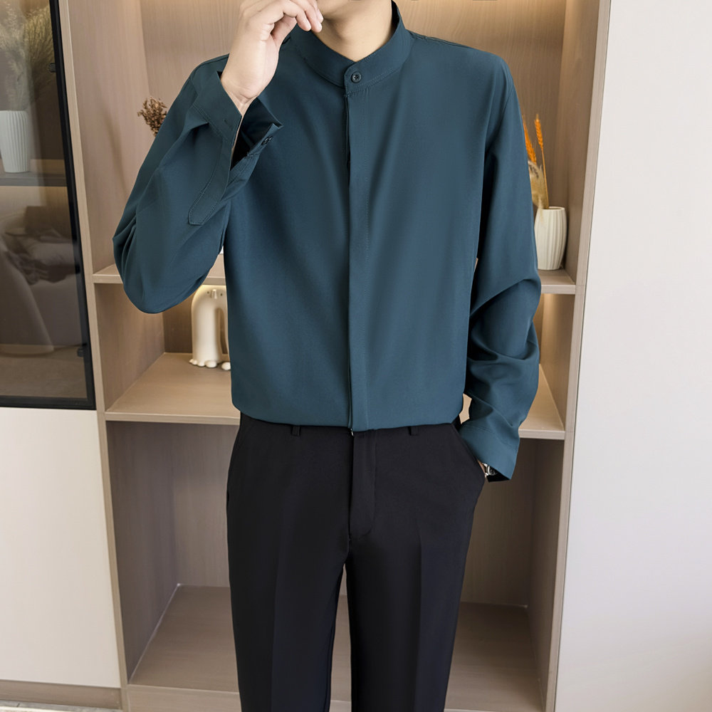 [006]长袖衬衫男士休闲立领衬衣免烫抗皱暗钮上衣A079-C11-P35,男装衬衫,电商A079