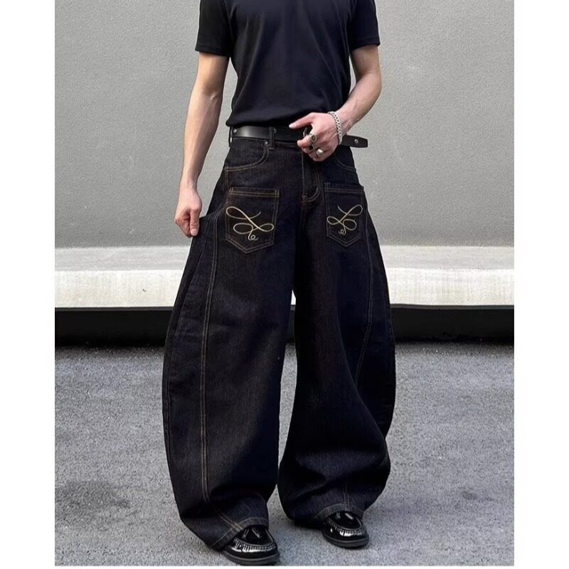【008】刺绣弯刀牛仔裤宽松阔腿长裤男女A079-7826-P50，男装牛仔裤，电商A079