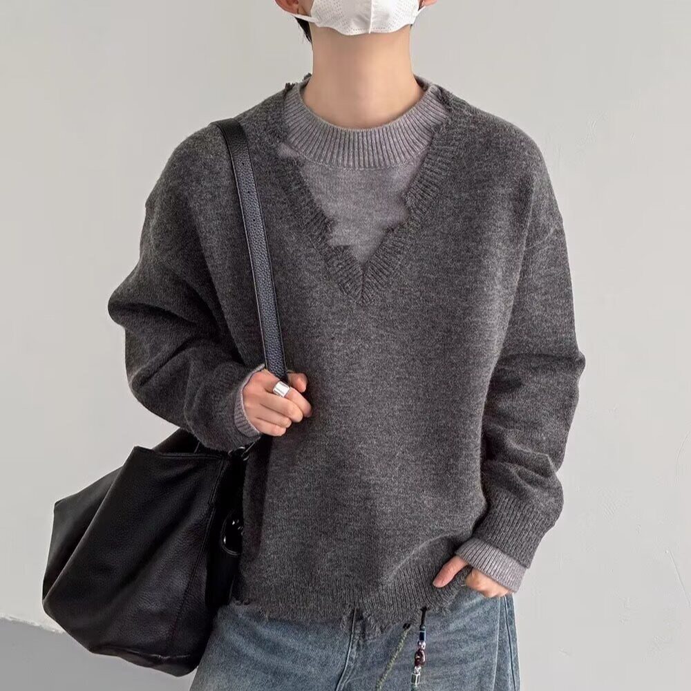 【125】假两件日系复古简约V领毛衣针织衫A079-MY7701-P59,男装针织衫/毛衣,电商A079