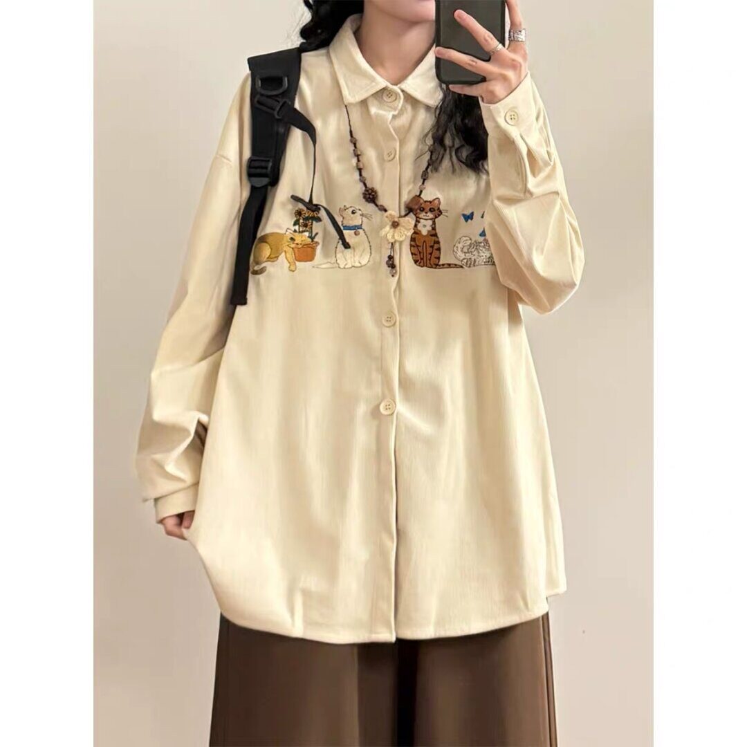 【132】猫咪刺绣长袖衬衫男女宽松休闲衬衣外套A079-CS381-P38，男装衬衫，电商A079