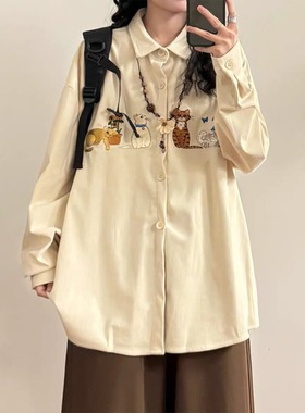 【132】猫咪刺绣长袖衬衫男女宽松休闲衬衣外套A079-CS381-P38