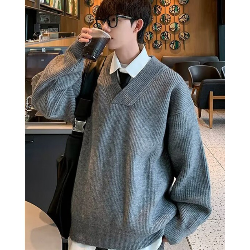 【69】25假两件圆领毛衣男宽松侣休闲套头打底针织衫A079-V29-P45，男装T恤，电商A079